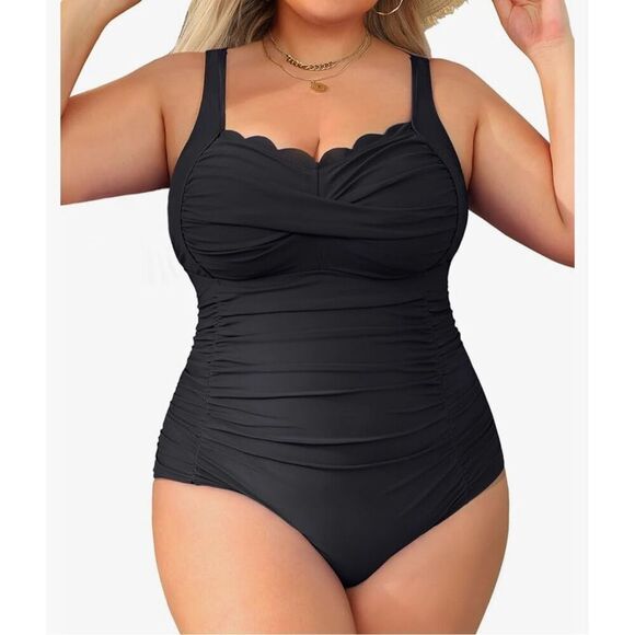 NEW 1 Pc Tummy Control Bathing Suits Retro Scalloped Twist Front XL - Picture 1 of 5